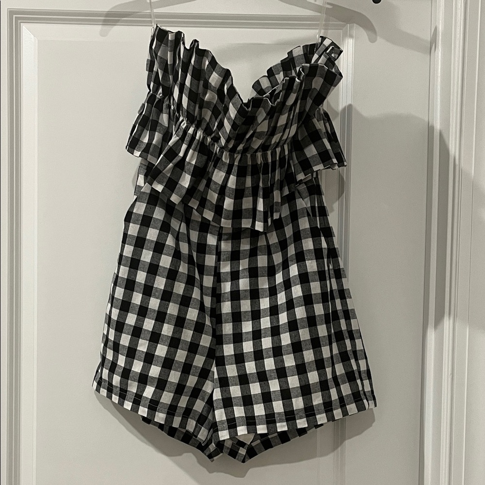 Black and White Checkered Strapless Romper